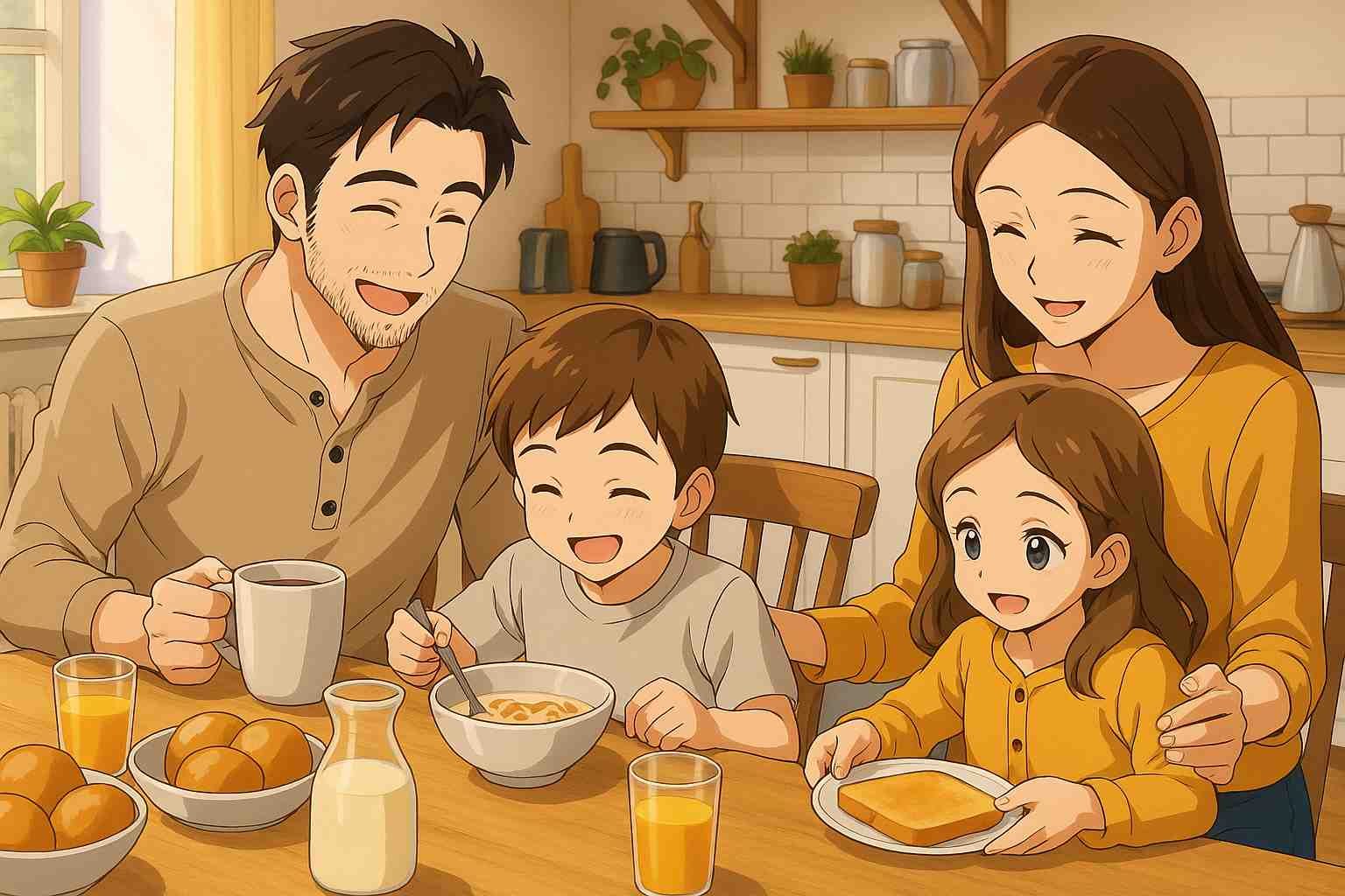 Café da manhã, cuidando dos filhos e família