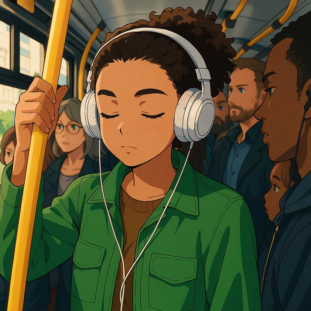 Translado, No ônibus cheio, usando fone